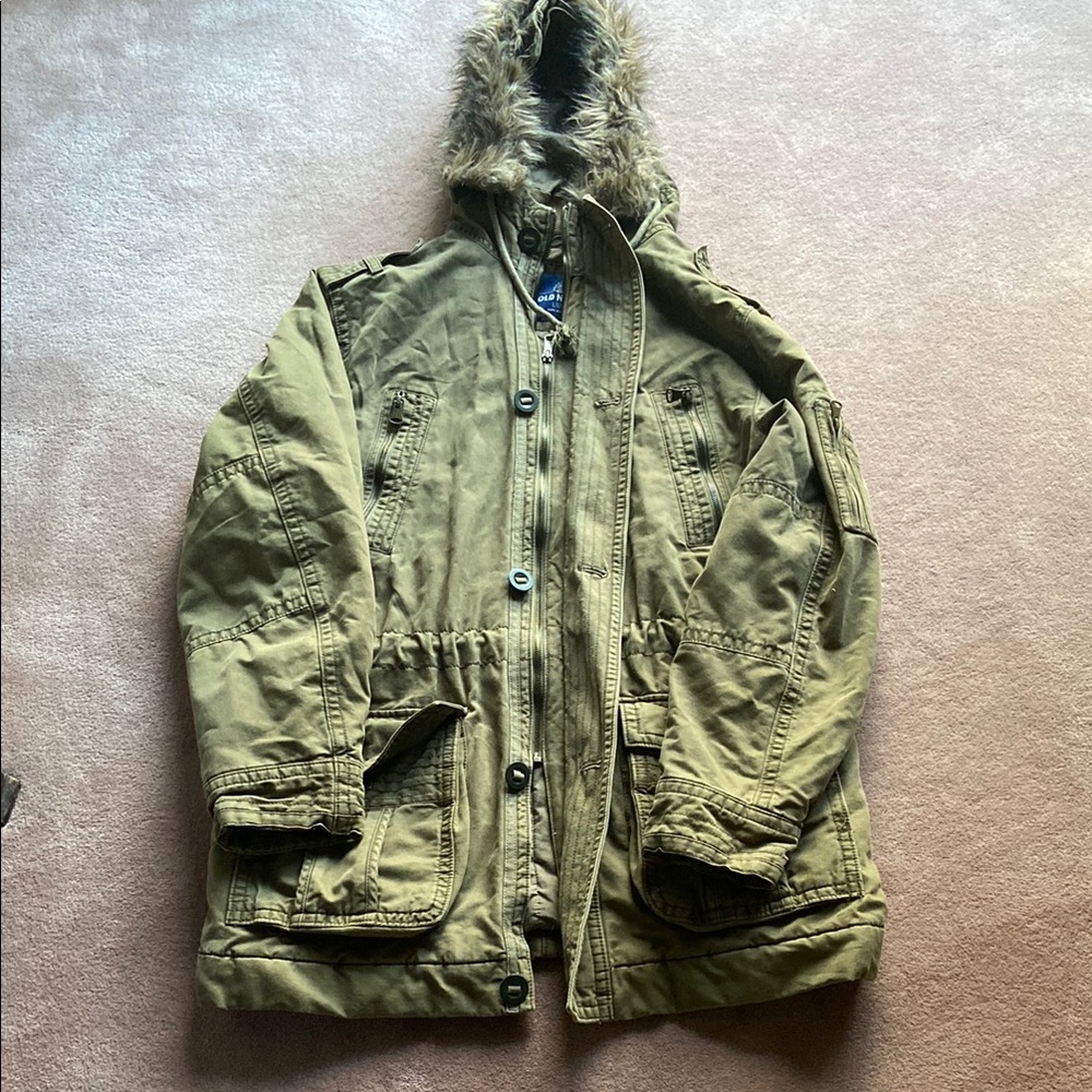 OLD NAVY. Olive Green Hooded Parka with Faux Fur Trim